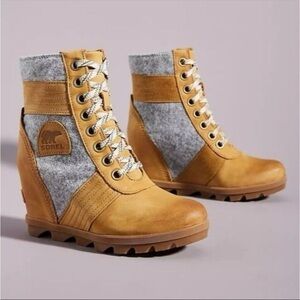 Sorel Lexie Camel Tan Leather Gray Fleece Wedge Lace Up Burnished Ankle Boots 6